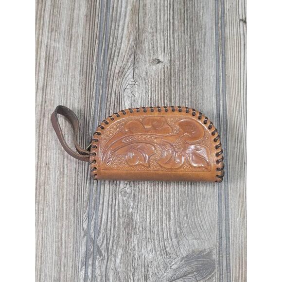 Vintage Leather Tooled Coin Purse, Laced Zipper Wallet - Picture 1 of 6